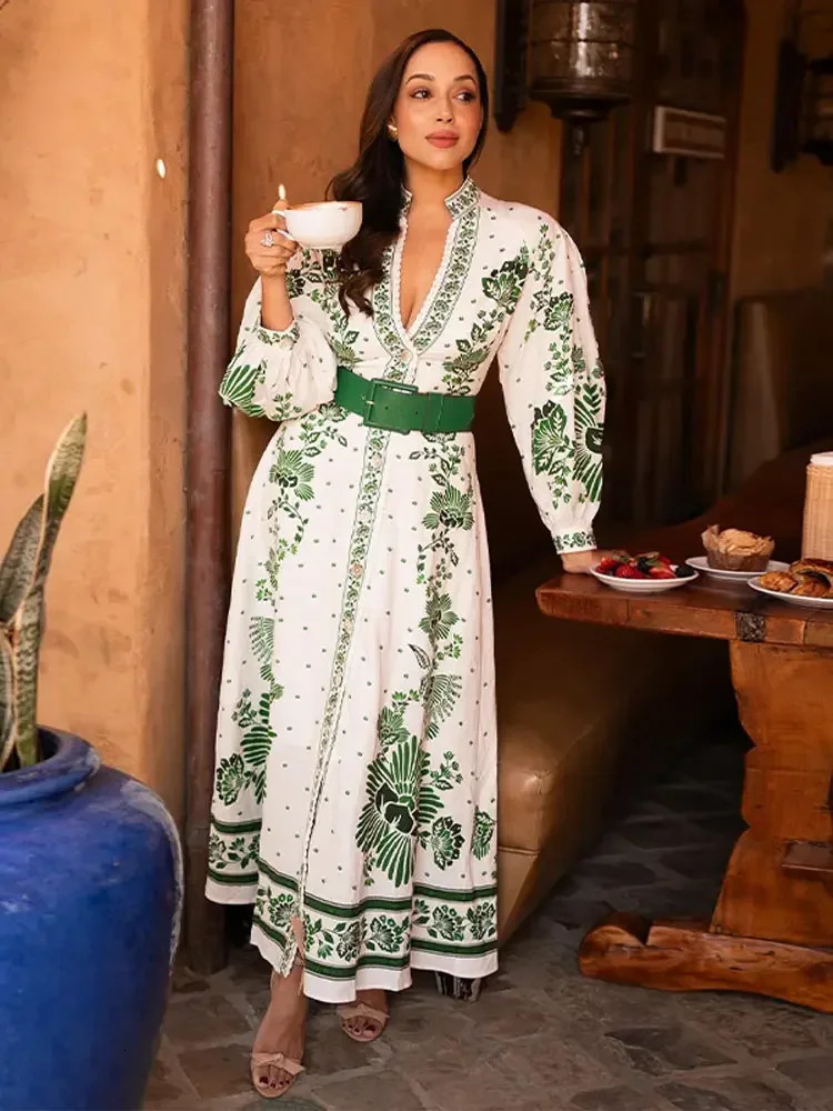 Elegant Print Single Breasted Long Sleeve Maxi Dress Women Fashion Stand Collar Deep V Loose Dresses Lady Vintage Commute Robes 240710