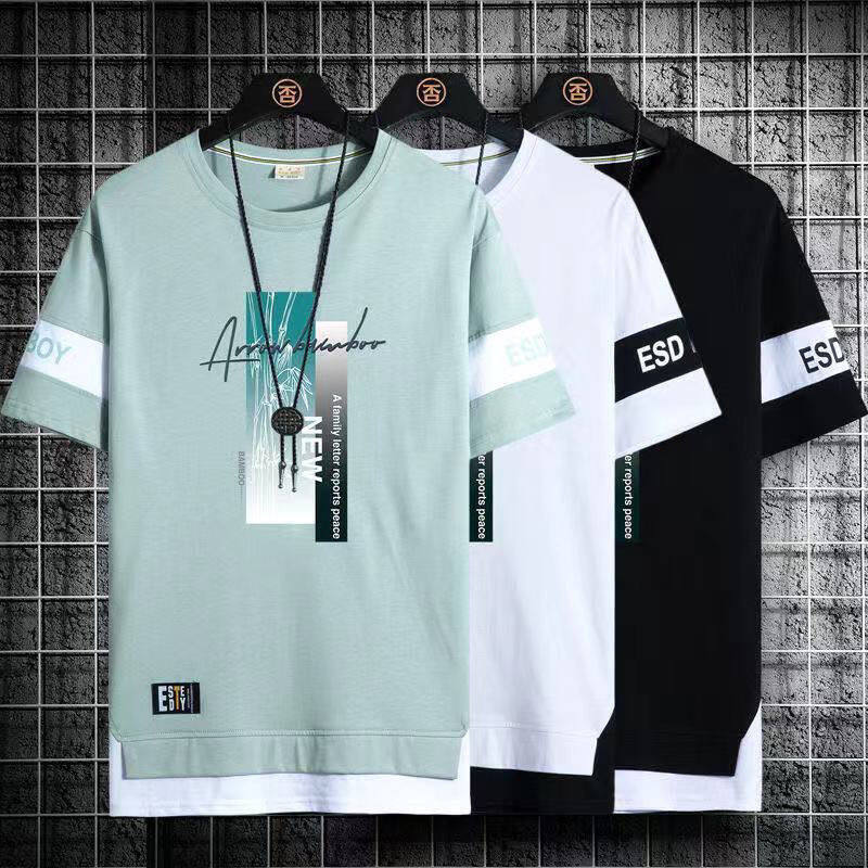 Summer printed short-sleeved t-shirt men's tide brand new loose fake two-piece five-point sleeve ins trend all-match half-sleeve top
