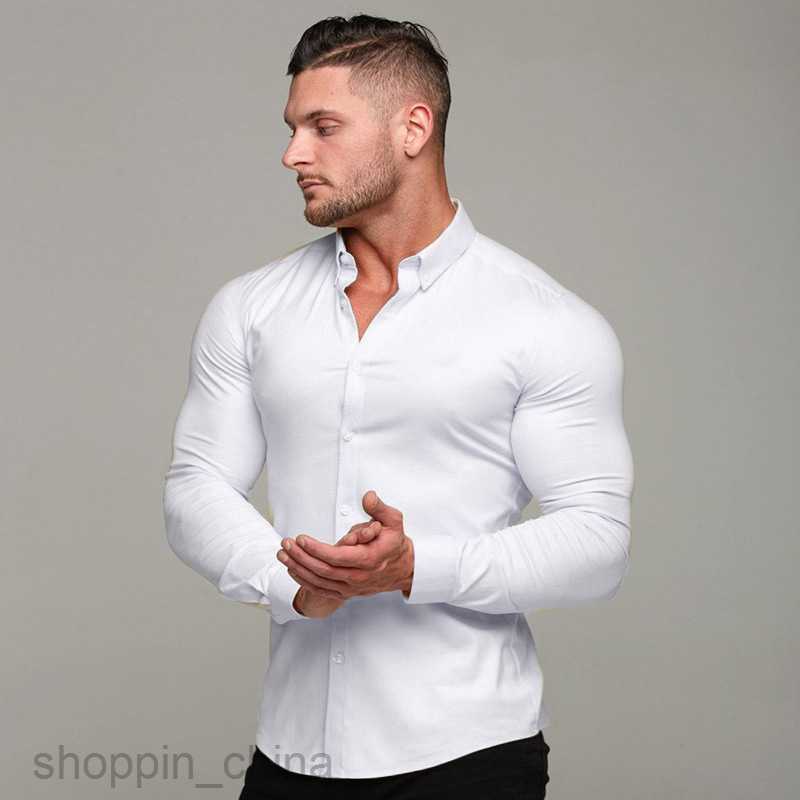 Mens Casual Shirts Muscle men's fitness long sleeved shirt new men's solid color slim fit cardigan thin style shirt tops