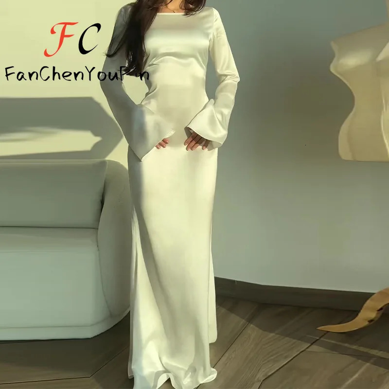 Women Prom Dresses 2024 Fashion Simple ONeck Satin Flare Sleeve Long Dress Elegant Lace Up Slim Evening Party Dresse 240716