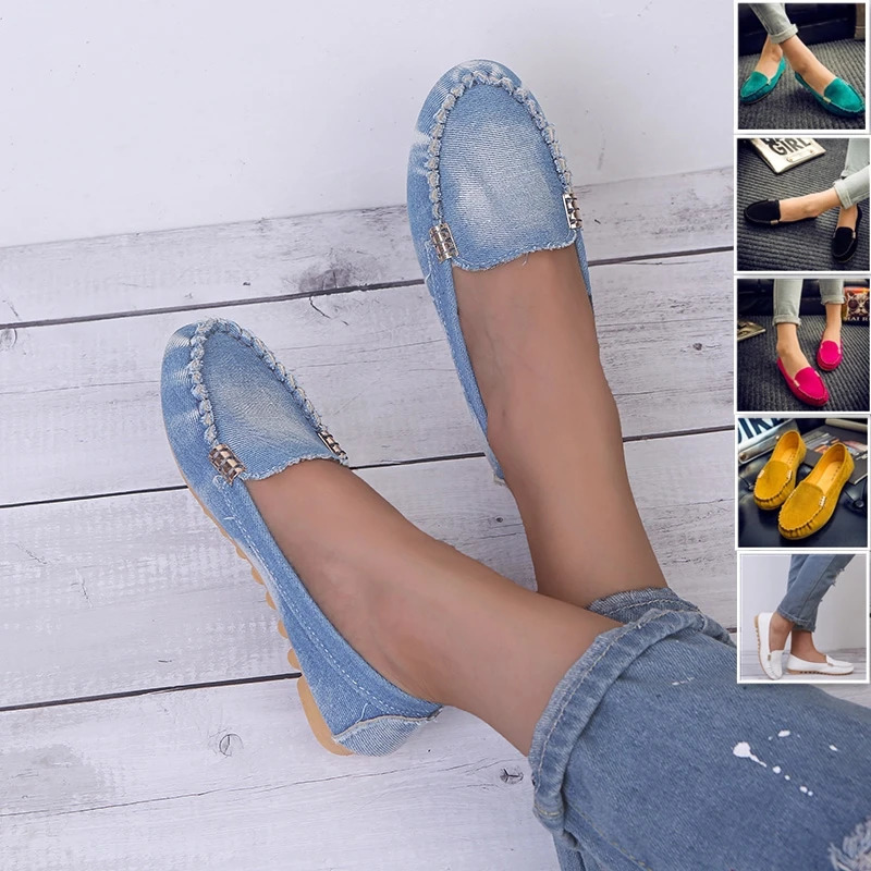 Womens Casual Flat Shoes Spring and Autumn Flat Loafers Womens Shoes Fashion Non-slip Soft Round-toe Denim Flat Shoes 240708