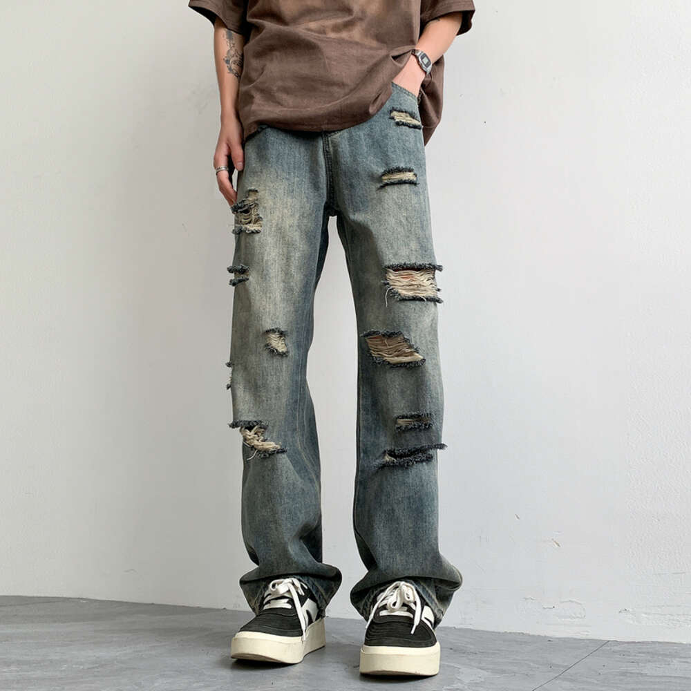 High street American casual ripped jeans men's summer loose straight leg trendy brand pants
