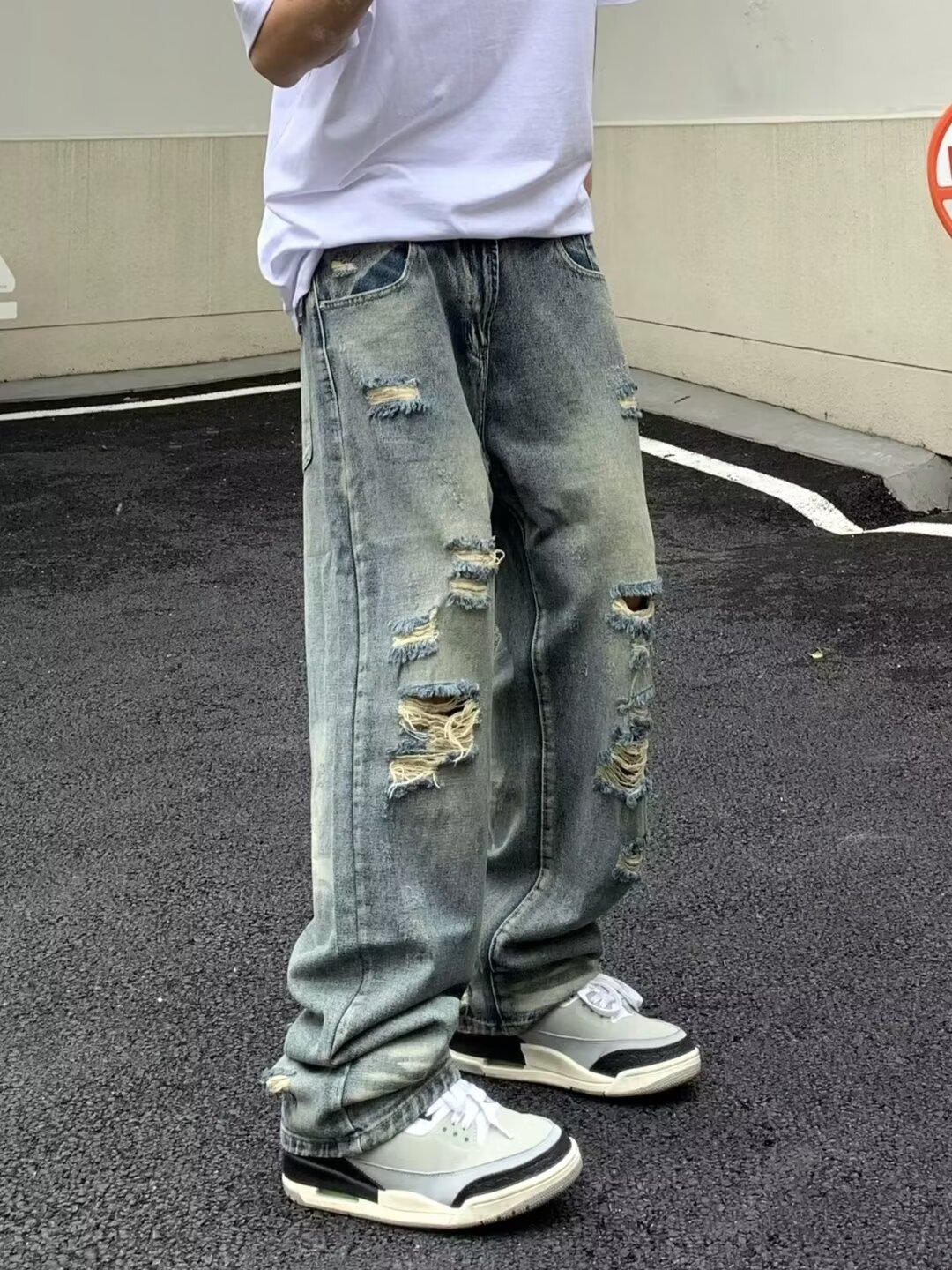 Men's ripped jeans, men's thin straight loose wide leg trendy brand ins high street beggar pants