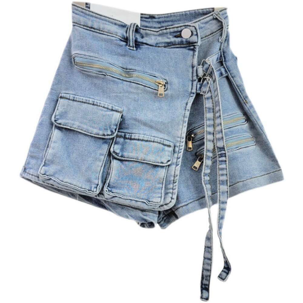 Irregular multiple Zipper pockets denim shorts Summer Shorts A-line pants skirts jeans for women