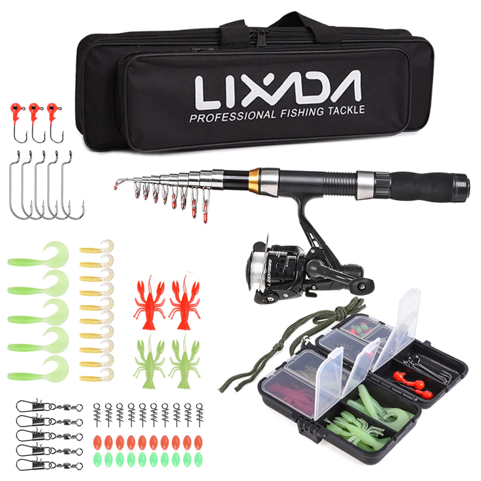 Lixada Fishing Rod Reel Combo Full Kit Telescopic Rods Spinning Reels Set with Hooks Soft Lures Barrel Swivels 240712