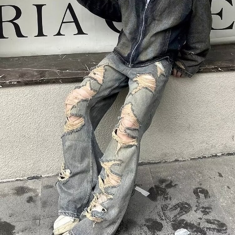 American style wasteland ripped jeans men's trendy casual floor loose straight wide leg long pants