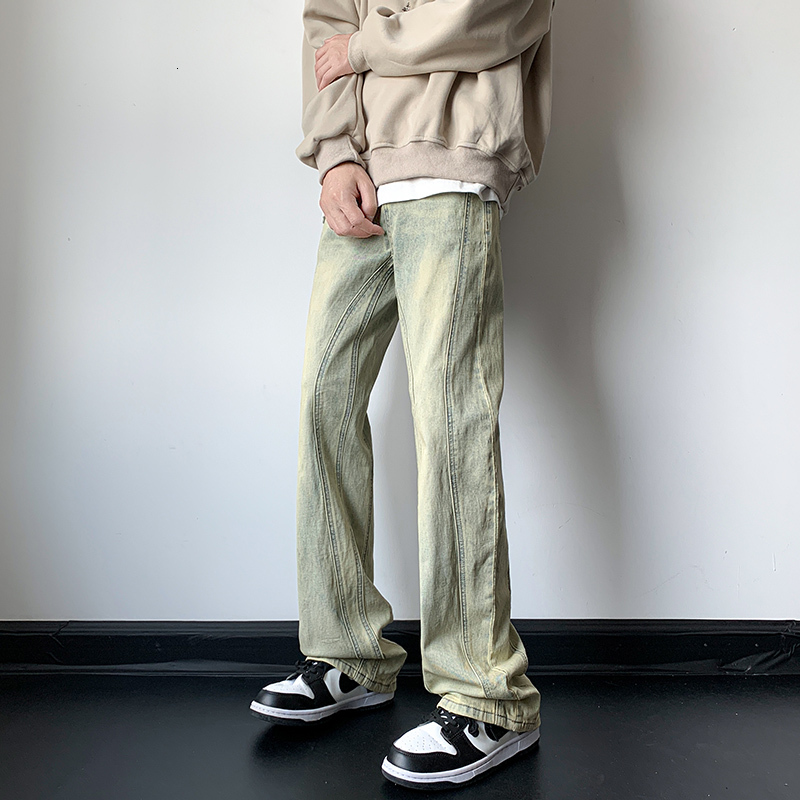 New American high street yellow mud dyed jeans for men, trendy brand straight leg casual pants