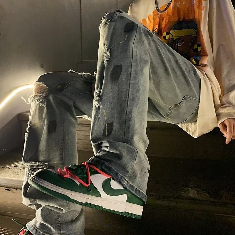 Trendy high street ripped jeans for men, ins with a sense of luxury, loose and casual straight fashion, summer wide leg pants