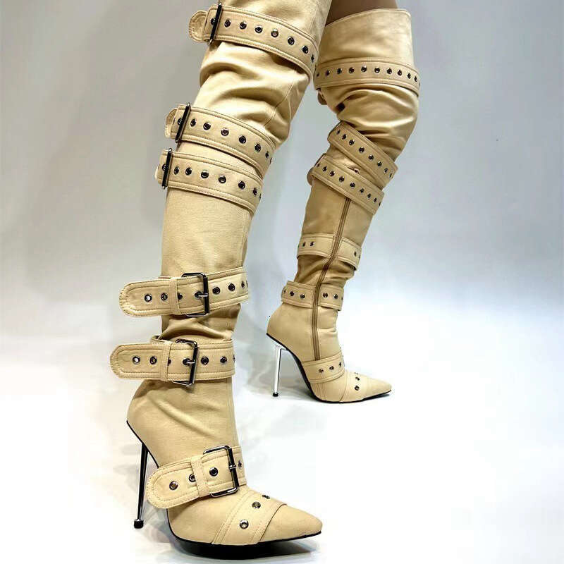 HBP Sexy metal high-heeled pointed belt buckle rivet knee high boots, oversized banquet and fashion boots
