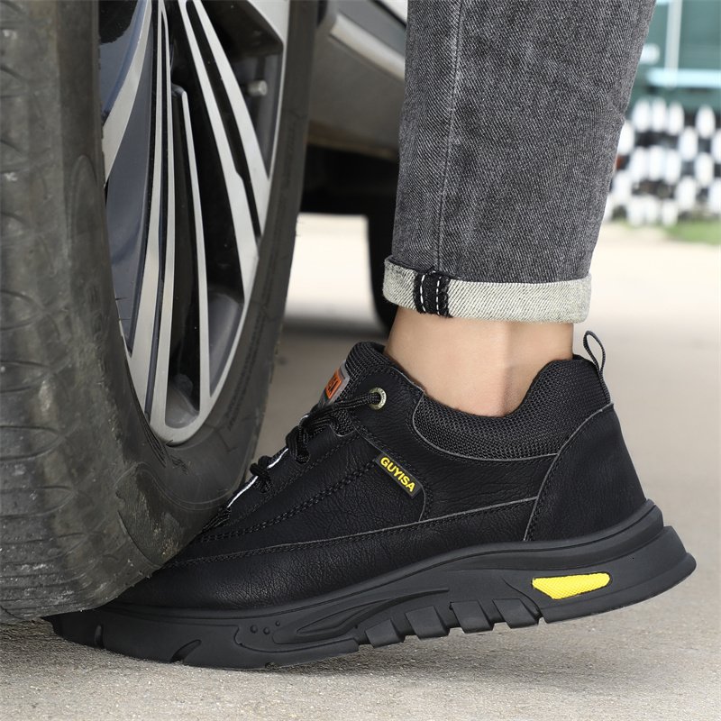 Black Leather Work Safety Waterproof Indestructible Steel Toe Cap Labor Shoes For Men Breathable Anti Smashing Sneakers