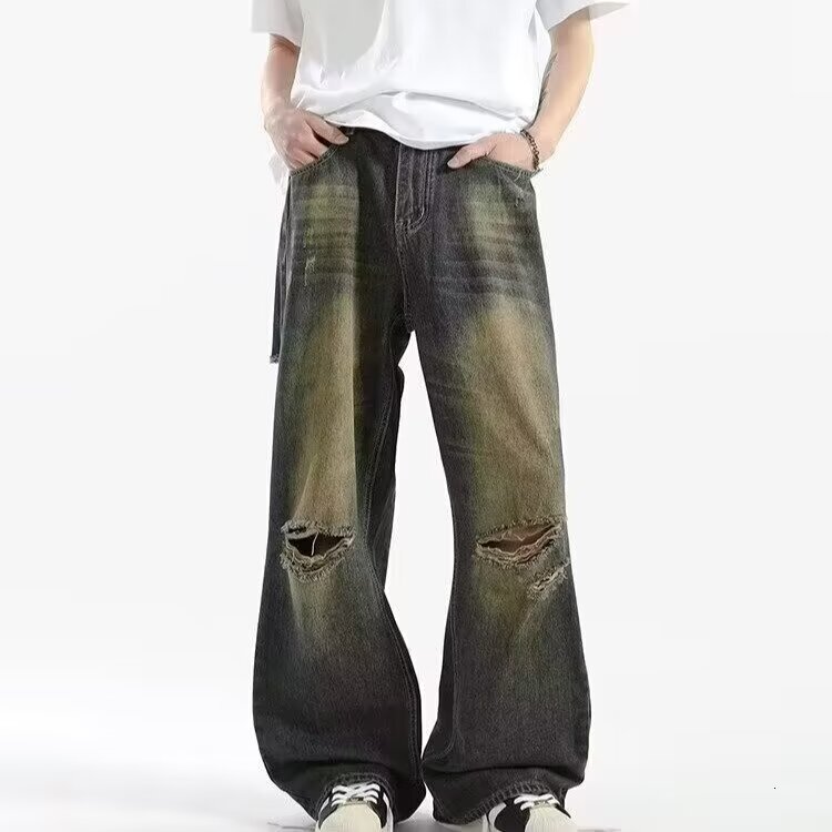 American distressed design floor length jeans, niche high street loose versatile wide leg pants, cool and trendy dance style