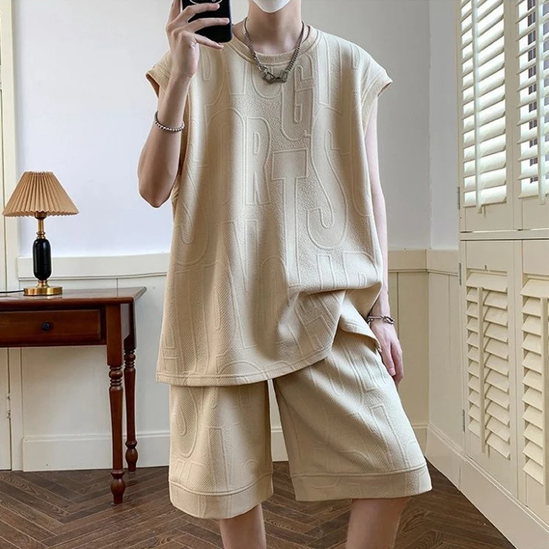 Two Piece Set Men Trendy High Street Sleeveless Oversize Tank Tops Y2K Solid Round Neck Sports Vest Casual Shorts Tracksuit Suit 240715