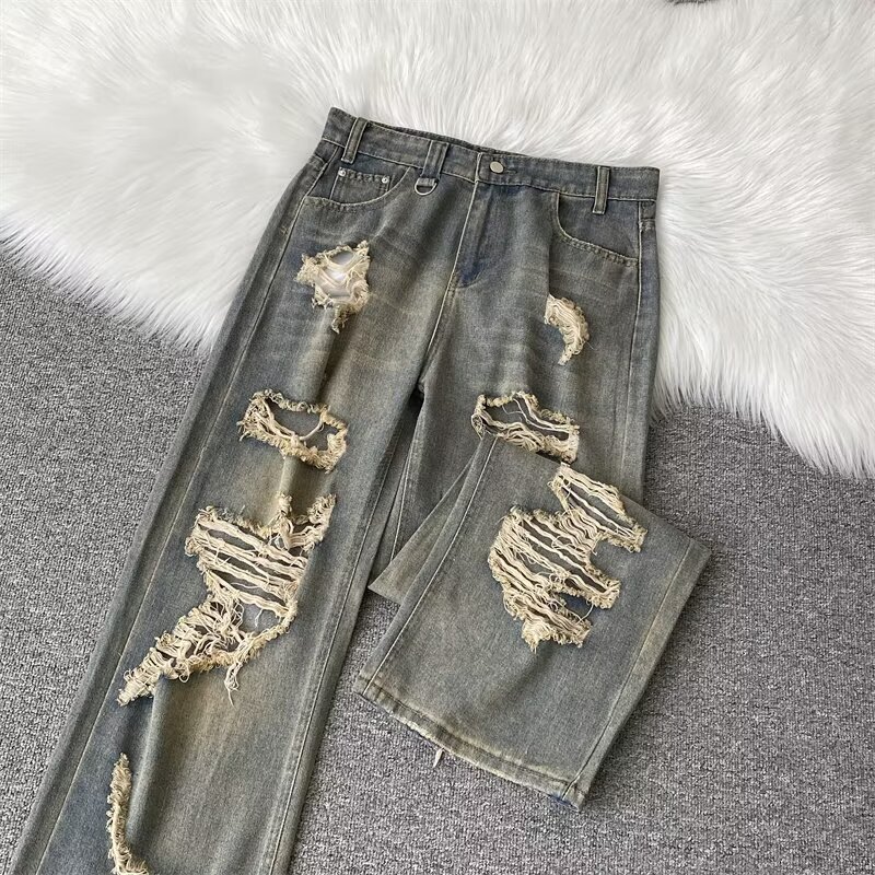 American tall summer ripped jeans, men's mud dyed vintage high street dirt style pants, wide leg mop beggar pants