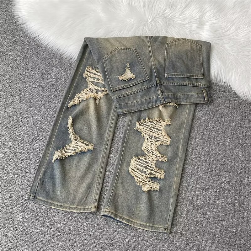 American tall summer ripped jeans, men's mud dyed vintage high street dirt style pants, wide leg mop beggar pants