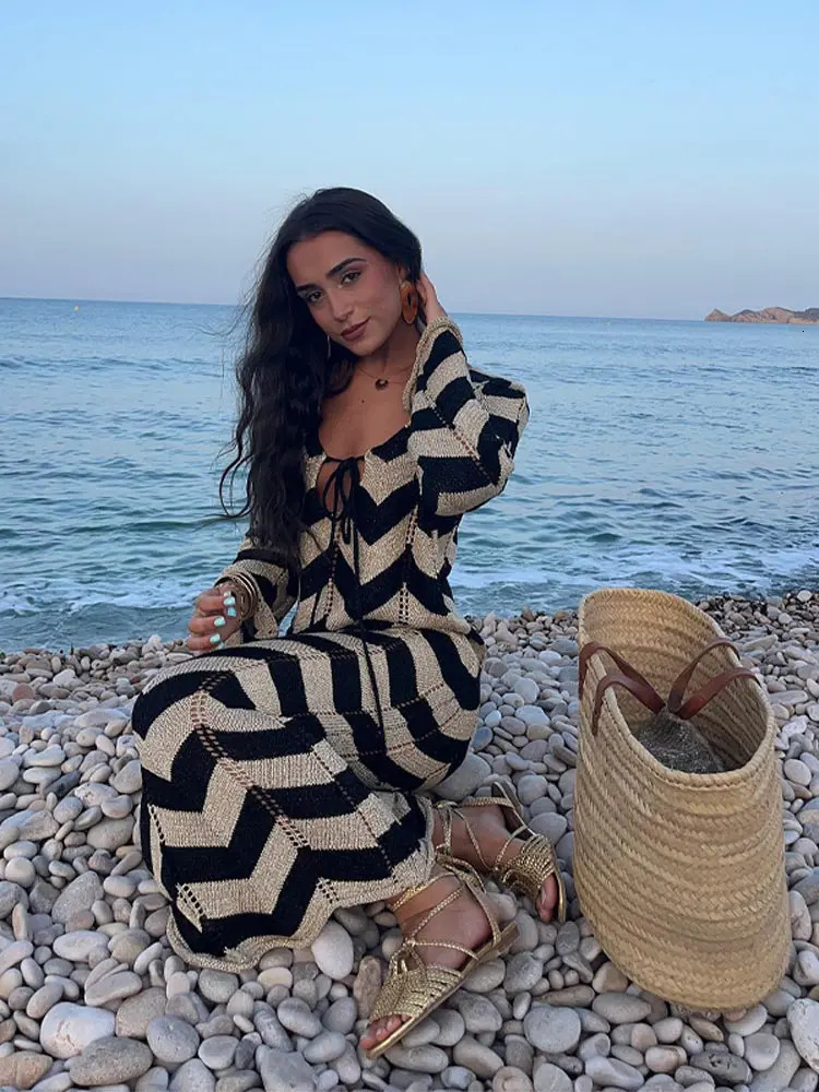 Elegant Hookflower Striped Knitted Long Dress Women V-neck Hollow Out Lace Up Long Sleeve Vestido Lady Vacation Robes 240715