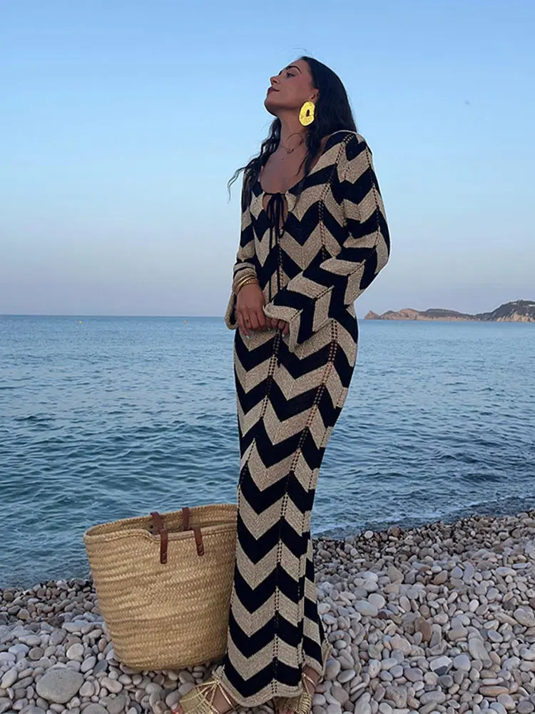 Elegant Hookflower Striped Knitted Long Dress Women V-neck Hollow Out Lace Up Long Sleeve Vestido Lady Vacation Robes 240715