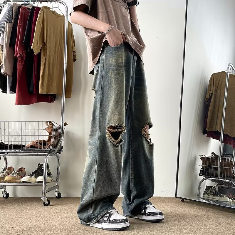 Ripped jeans men's summer thin style American high street straight pants, rugged handsome, loose and wide leg long pants