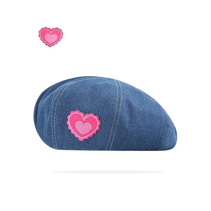 Women Girls Lovely Embroidery Pattern Denim Beret French Hat Casual Sun Hat with Adjustable Strap 240715