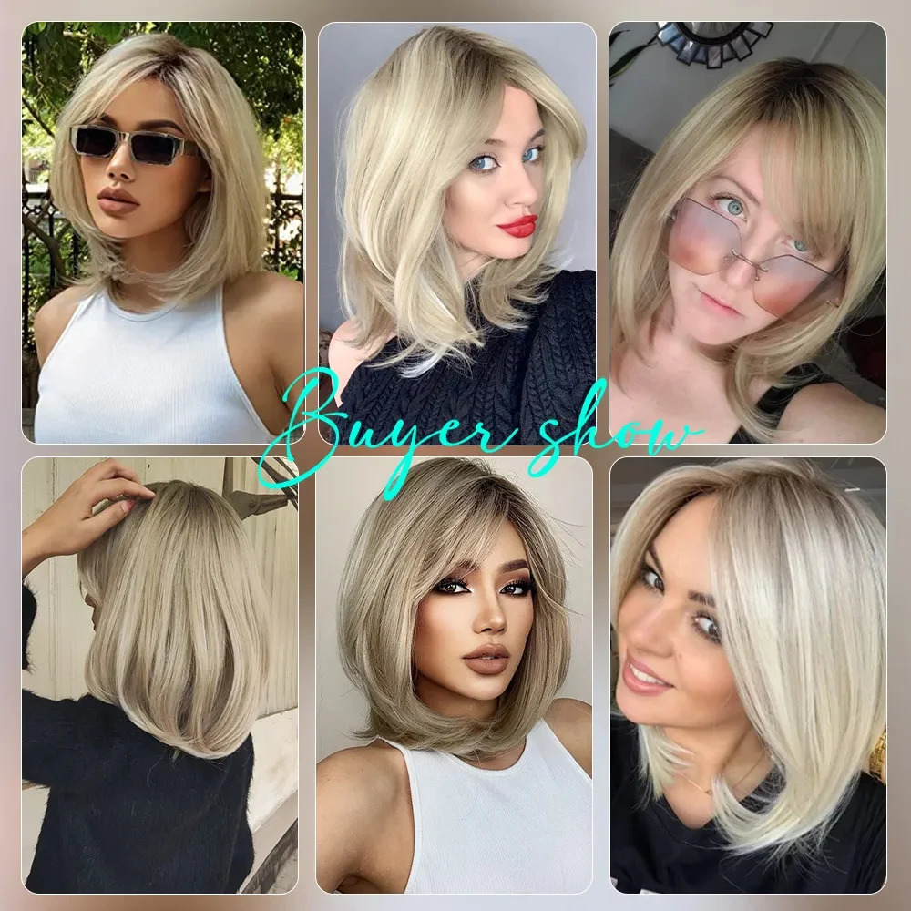Short Blonde Wig with Bangs Cute Bob Synthetic Wigs High Quality Halloween Lolita Party Natural Hair Wigs for Women 240716