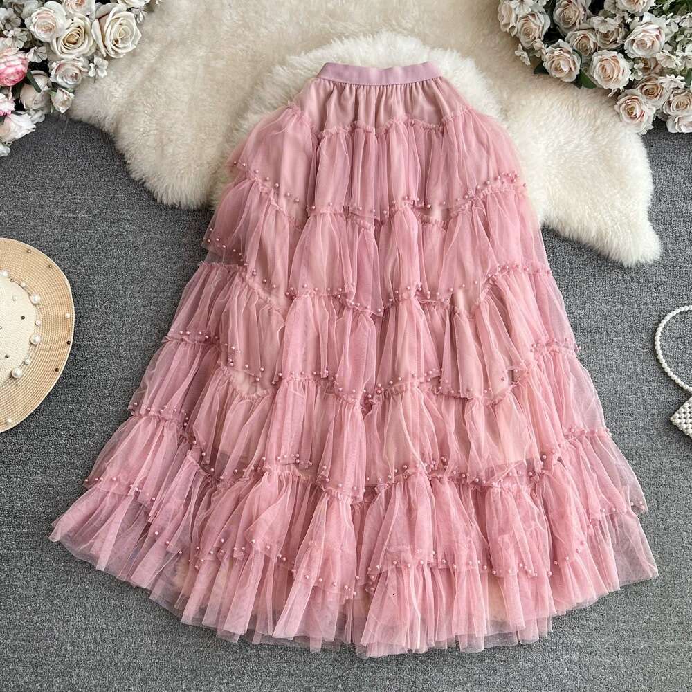 Elastic High Waisted Slimming Mid Length Nail Bead Mesh Lady Cake A-line Gauze Fluffy Skirt for Women Loose Waist Bifurcated Temperament Silk Dress De