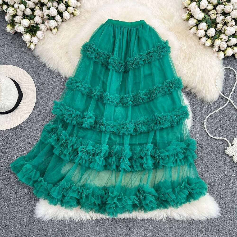 High Waisted Slimming Mesh with Elastic Band, Medium Length Over Knee, Irregular Wood Ear Edge, Super Fairy Cake Skirt for Women Sexy Temperament BOHO
