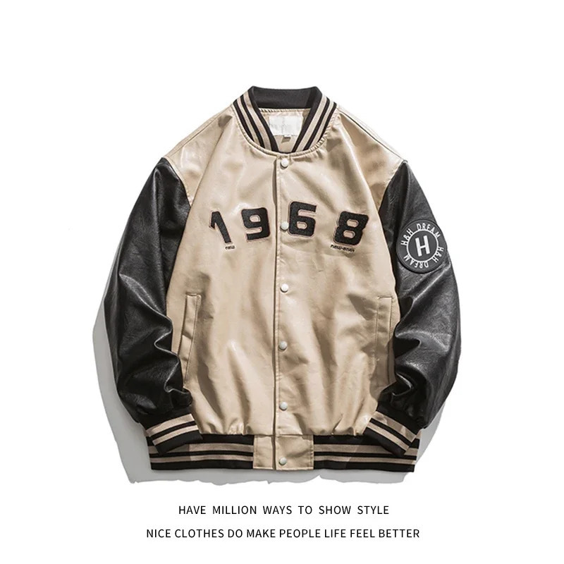 Streetwear Letter Embroid Motorcycle PU Leather Jacket Mens Baseball Bomber Coat Unisex Womens Oversize Varsity Vintage Chic 240716