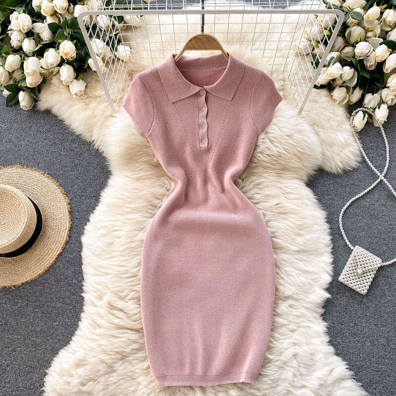 Short Sleeved Knitted 2021 New Summer Dress Womens POLO Collar Slim Fit Short Style Temperament Solid Color Hip Hugging Skirt Bifurcated Round Neck Dr