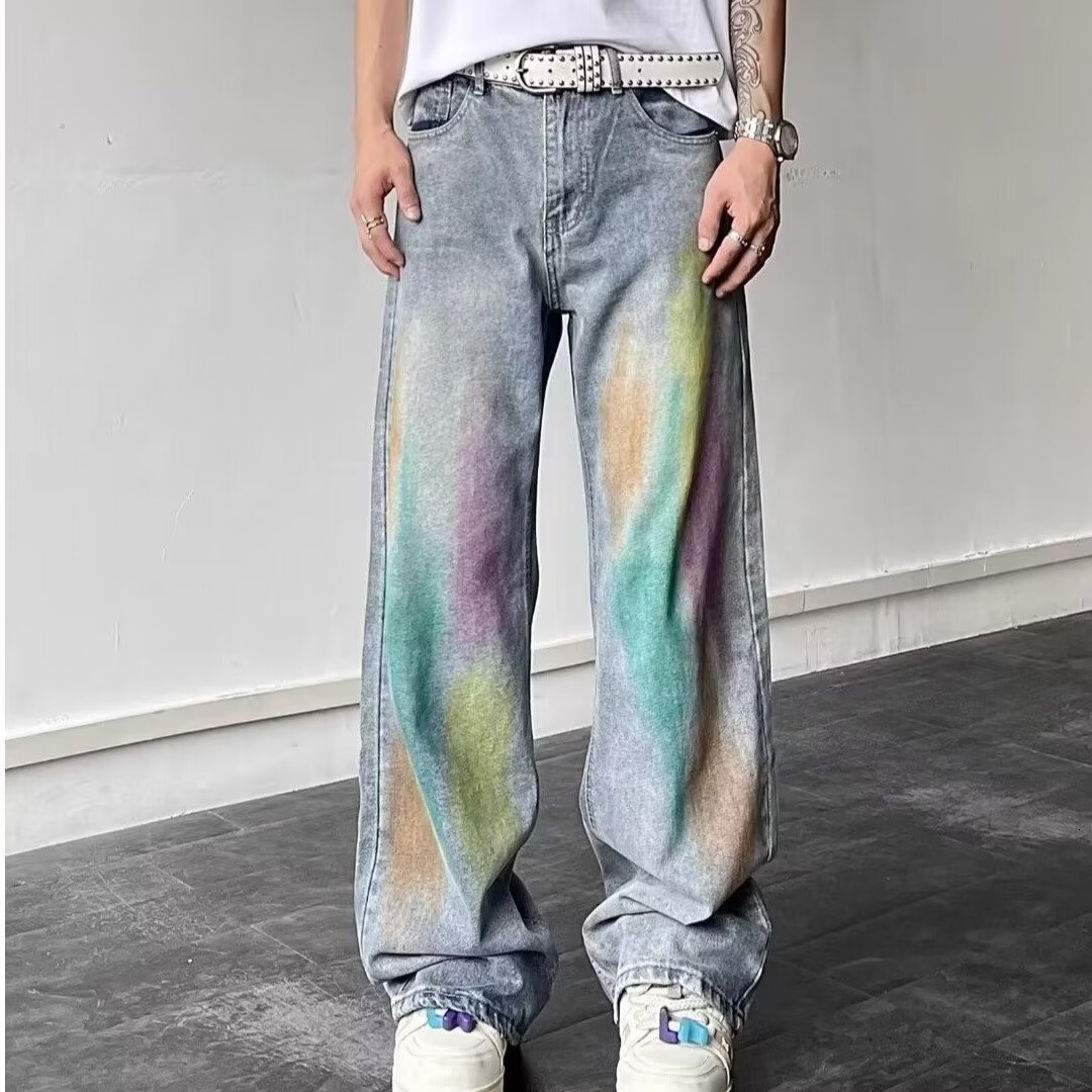 American style high street rainbow graffiti design jeans men's trendy brand loose and versatile straight leg hanging pants
