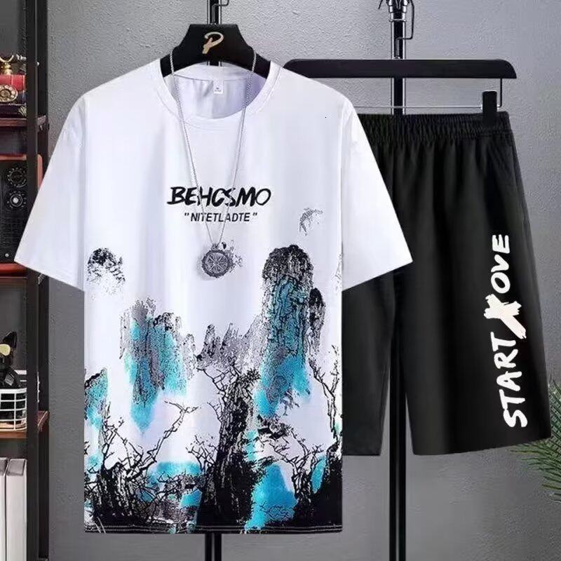 FNCXGE Men Sleeve T-shirt Shorts Two-piece Fashion Loose Plus Size Casual Sports Short Pants Suit M-5XL