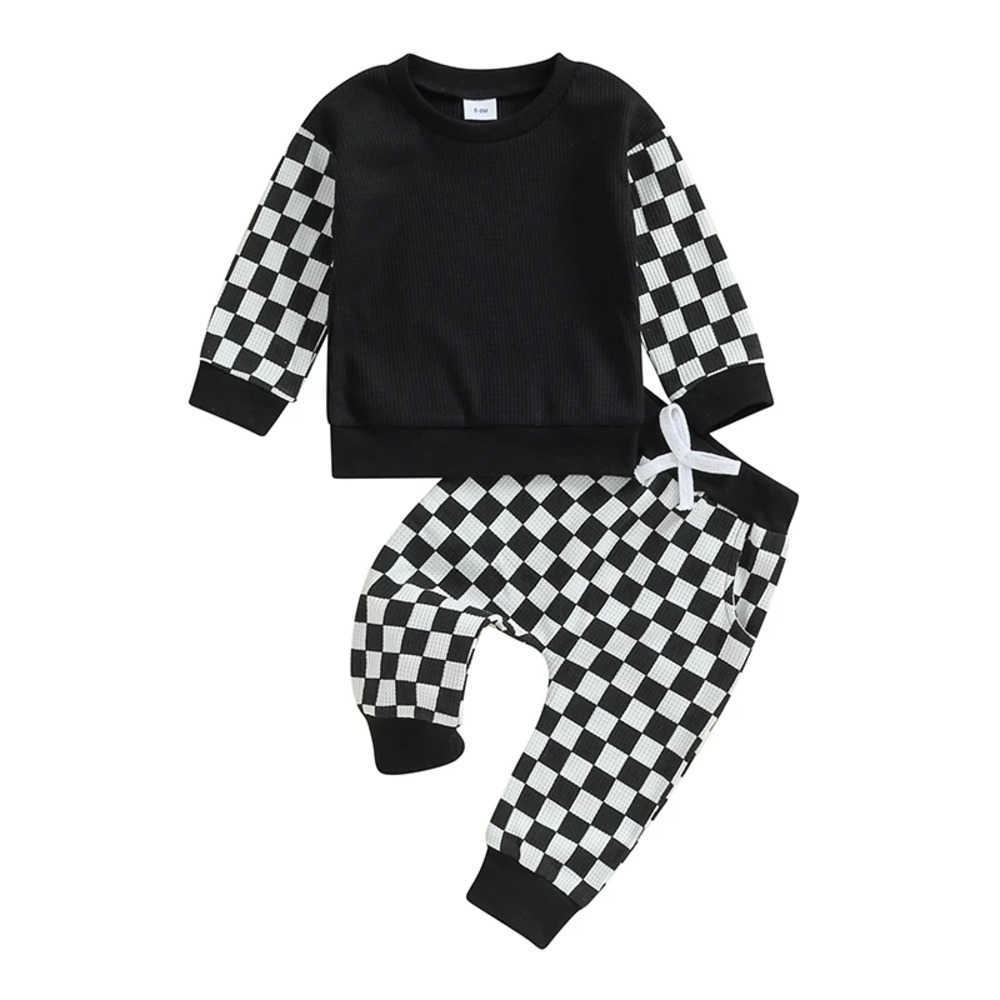 Clothing Sets Baby Boy Waffle Clothes Toddler Outfit Checkerboard Long Sleeve Sweatshirt Elastic Waist Pants with Pockets 2 Piece Set for Fall 0TLA