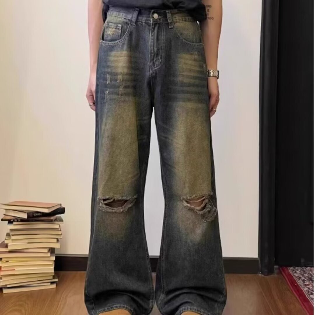 Distressed jeans for men's summer slim American high street design with a sense of niche, distressed, washed loose, straight leg long pants