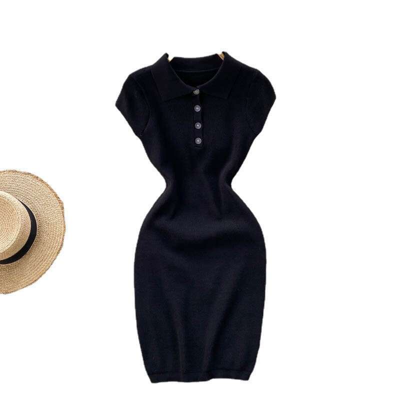 Short Sleeved Knitted 2021 New Summer Dress Womens POLO Collar Slim Fit Short Style Temperament Solid Color Hip Hugging Skirt Bifurcated Round Neck Dr