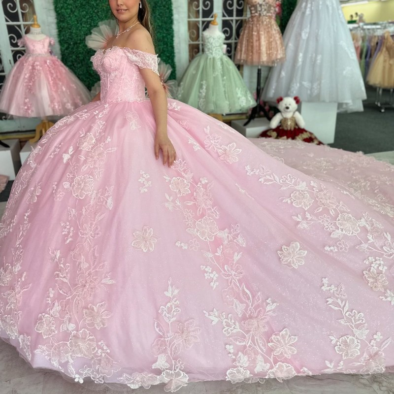 Pink Shiny Quinceanera Dress Ball Gown Off The Shoulder Lace Appliques Tull Birthday Party Sweet 16 Vestidos De 15 Anos