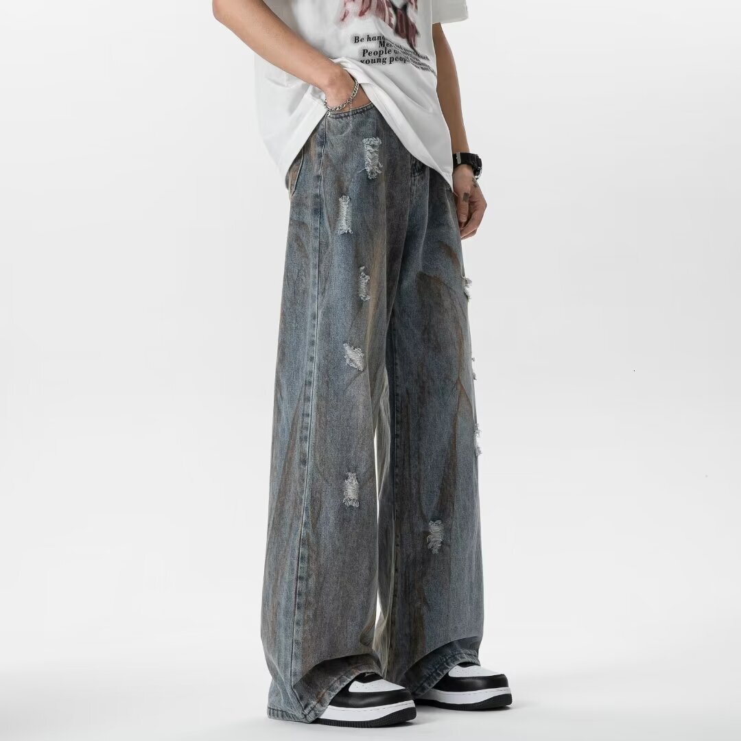 Loose denim men's trendy American high street vibe summer oversize micro flared wide straight leg pants for men
