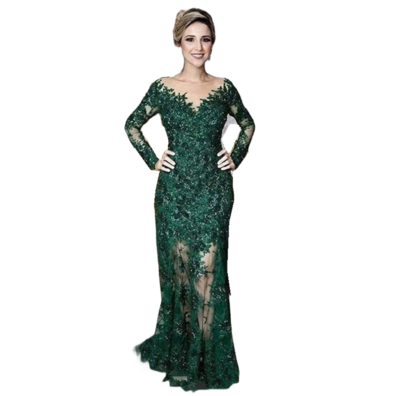 Glitter Sequins Lace Mother Of The Bride Dresses Long Sleeves Dark Green Mermaid Elegant Wedding Party Gown For Groom Mom Illusion V-Neck Evening Form