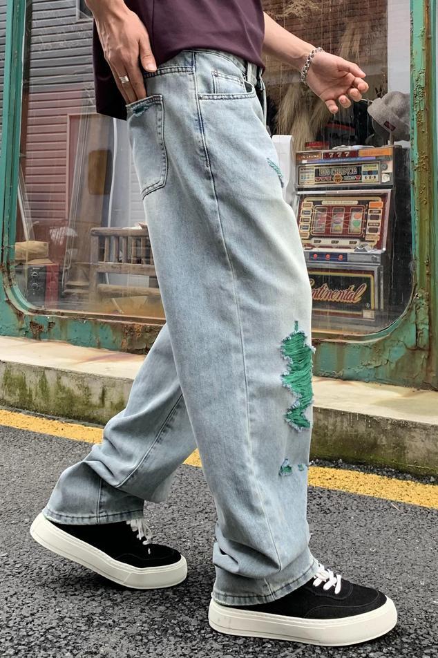 Trendy washed denim men, American style lightning ripped pants, and loose straight leg jeans for men