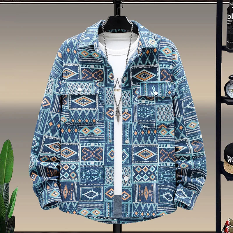 Casual Men Jean Jackets Streetwear Printing Turn Down Collar Denim Coats Jacktes 240715