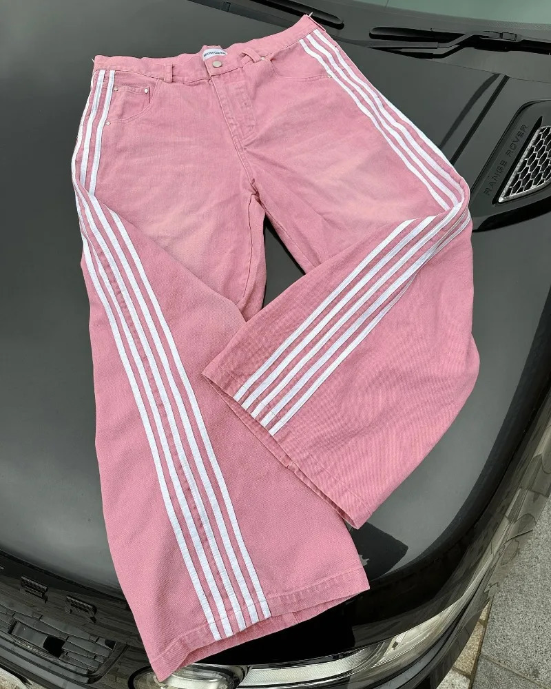 American Fashion Side Piping Striped Baggy Jeans Women Y2K Street Vintage Pop Gothic Casual Joker High Waist Wide Leg Pants 240713