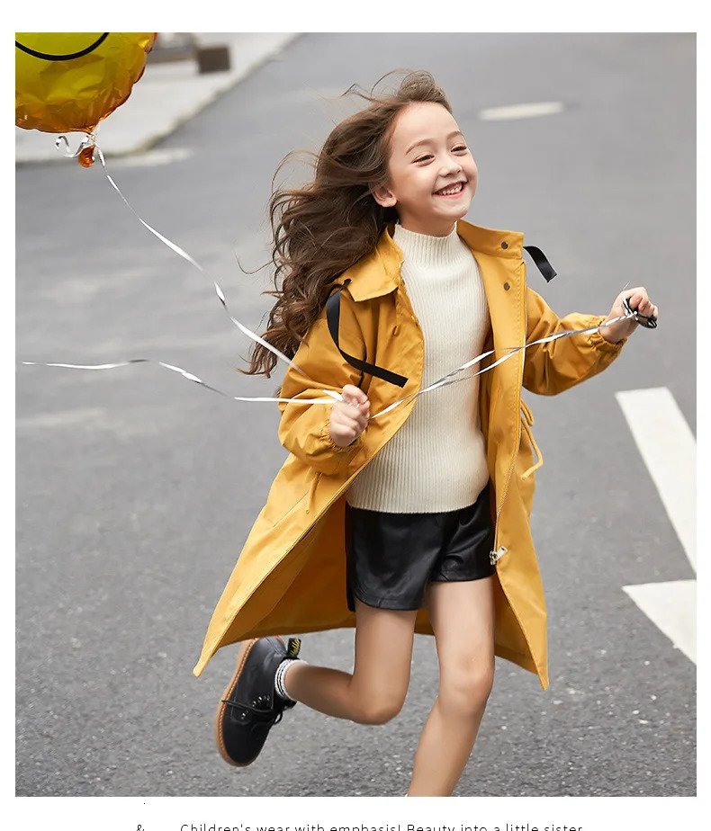 Kids Girls Trench Fashion Drawstring Hooded Jacket Tops Spring Autumn Children Clothes Teenager Girl Solid Color Coat 240710