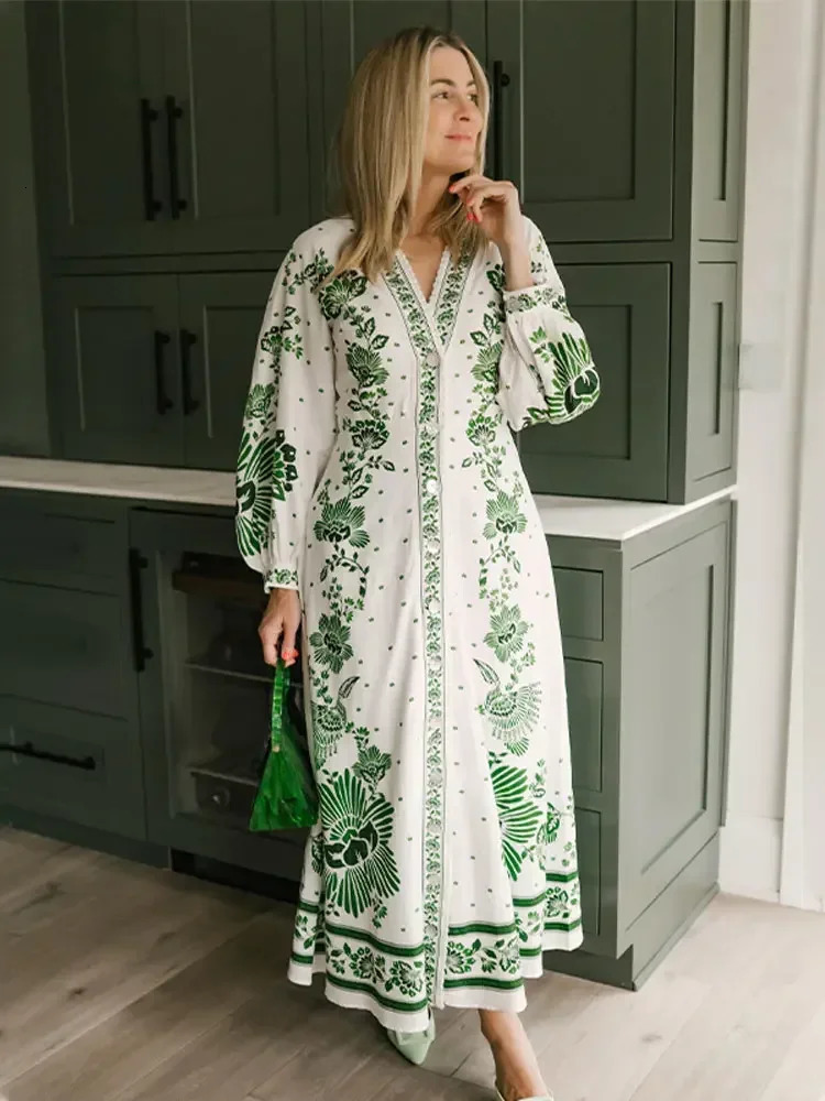 Elegant Print Single Breasted Long Sleeve Maxi Dress Women Fashion Stand Collar Deep V Loose Dresses Lady Vintage Commute Robes 240710