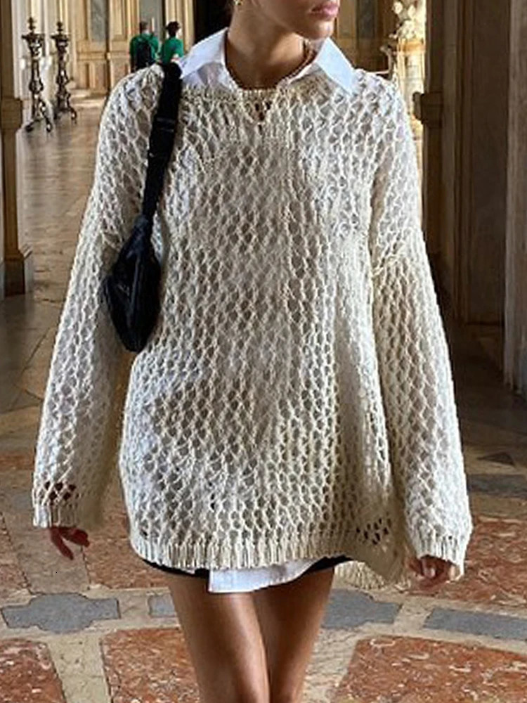 HEYounGIRL Vintage Casual Knit Sweater T-shirt Long Sleeve Y2K Hollow Out Smock Tops Loose Pullovers Tee Fashion Streetwear 240716