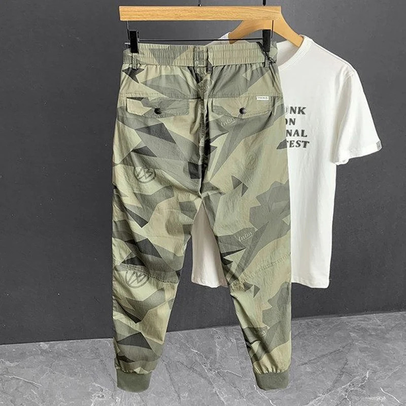 Summer High Street Y2K Printing Ankle Length Pants Man Fashion Elastic Waist Pockets Thin Style Street Motion Encil Pant 240717