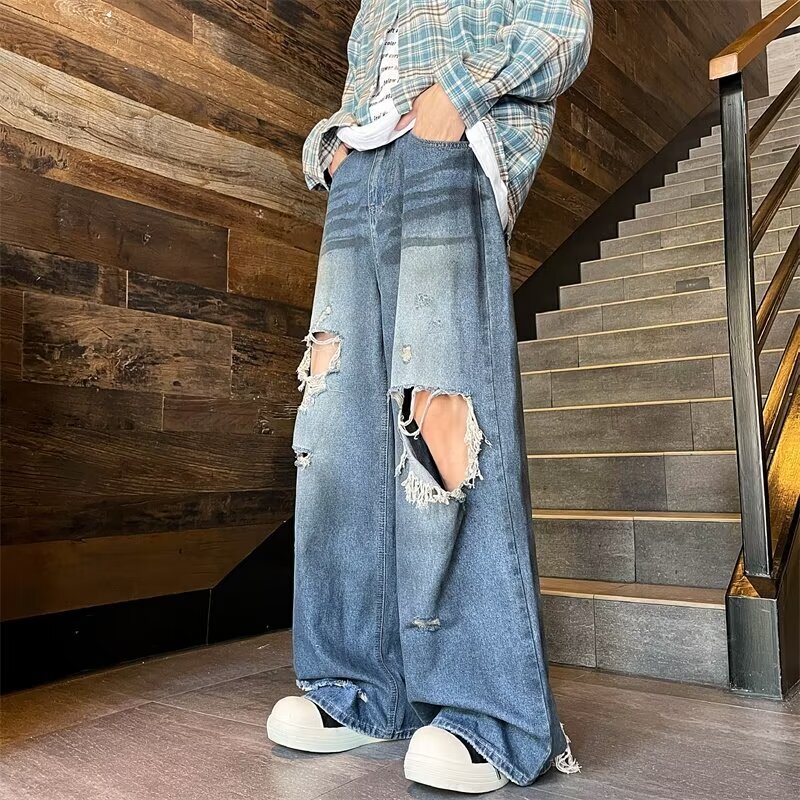 Washed, worn, hand cut, hole damaged style jeans, men's design sense, niche high street wide leg pants