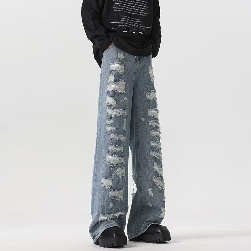 2024 American high street personalized ripped jeans, niche vintage design, long pants for men and women, spring trend