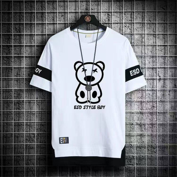 Summer printed short-sleeved t-shirt men's tide brand new loose fake two-piece five-point sleeve ins trend all-match half-sleeve top