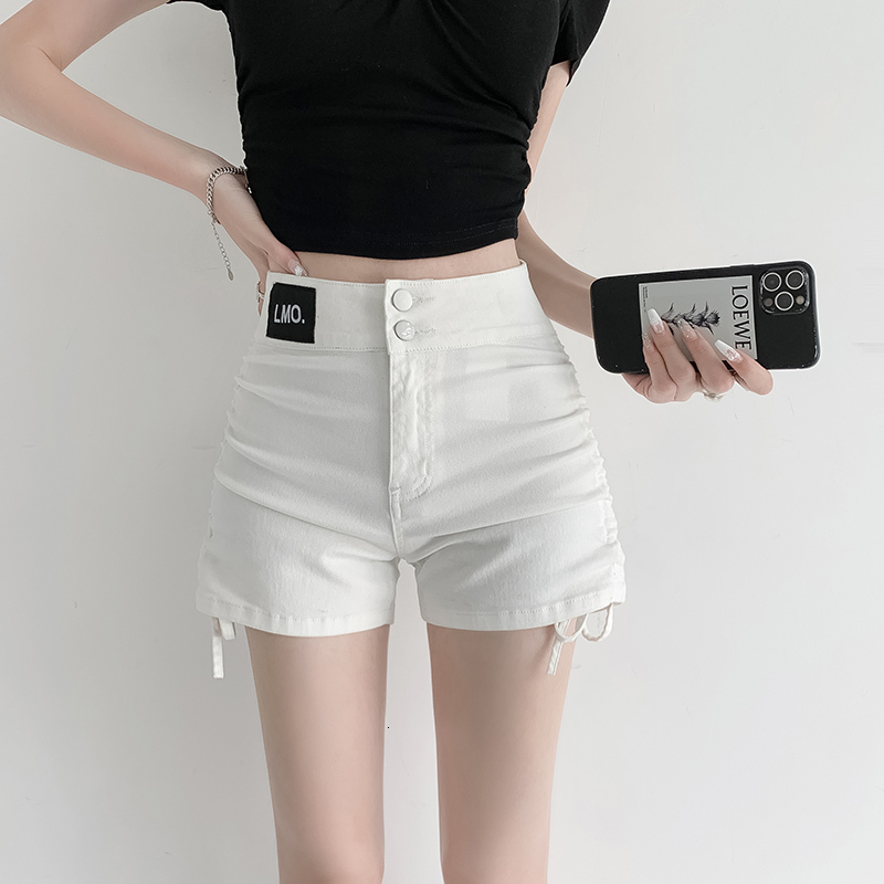 Fashionable high waisted thin denim shorts two button buttons women, elastic slim fit with wrapped arms, slimming hot pants for students, Korean style