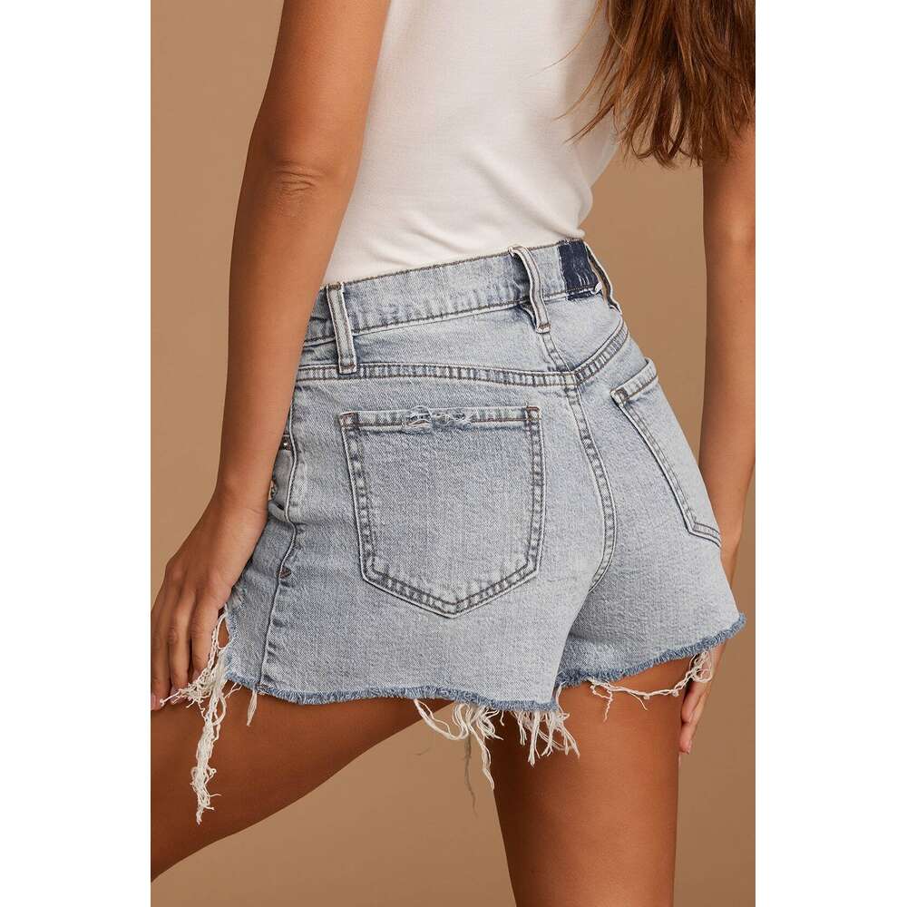 Custom Low MOQ Light Wash Distressed High Rise Cutoff Baggy Jeans Denim Shorts For Women
