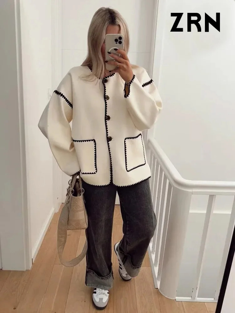 ZRN Women Fashion With Pockets Contrast Loose Woolen Jacket Coat Vintage Long Sleeve Buttonup Female Outerwear Chic Tops