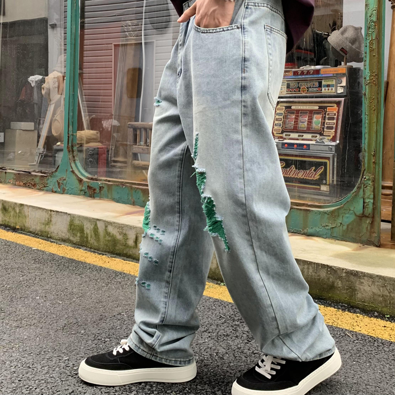 Trendy washed denim men, American style lightning ripped pants, and loose straight leg jeans for men