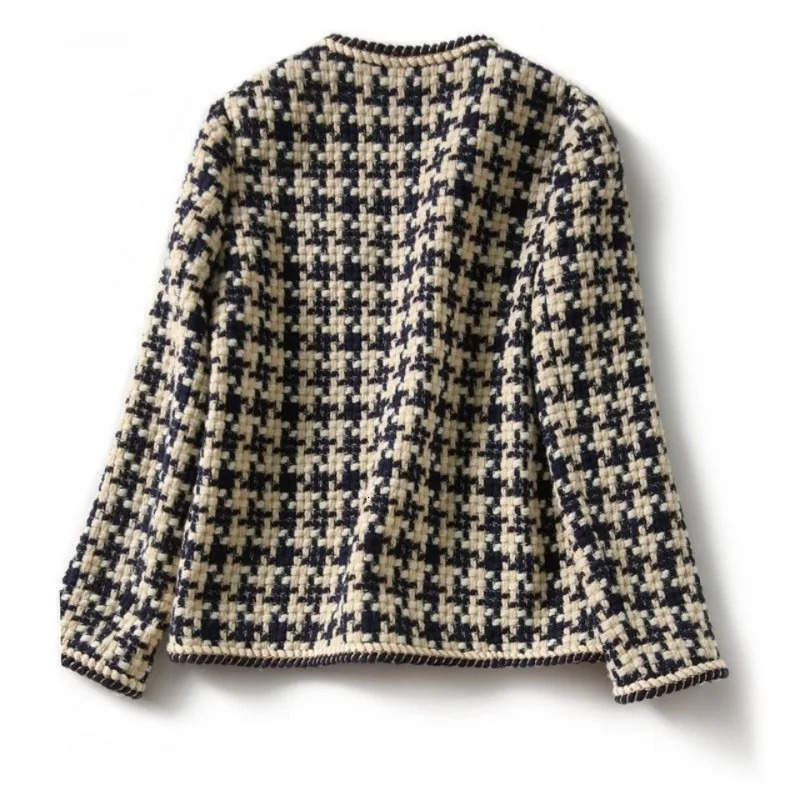 Elegant Weave Plaid Women Tweed Blazer Autumn Winter Womens Jacket Pocket Office Ladies Suit Coats Long Sleeve Mujer Clothes 240708